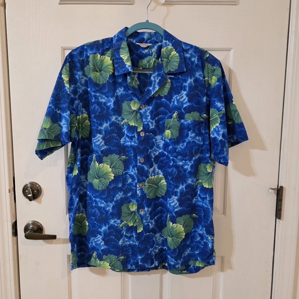 Kamehameha Tropical Blue and Green Leaf Print Men's Shirt